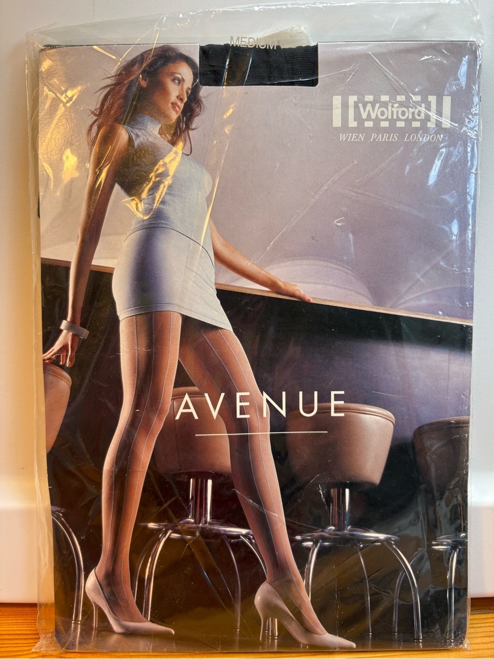 Wolford AVENUE Sheer Pinstripe Tights in Black/Black - size Medium